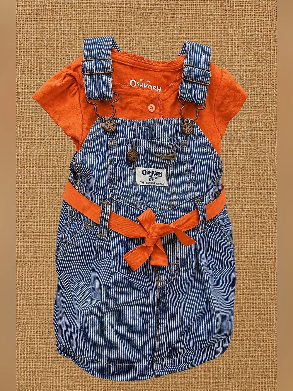 OshKosh B'gosh Railroad Stripe Jumper Dress with Orange Onesie Set Girl 9 Months